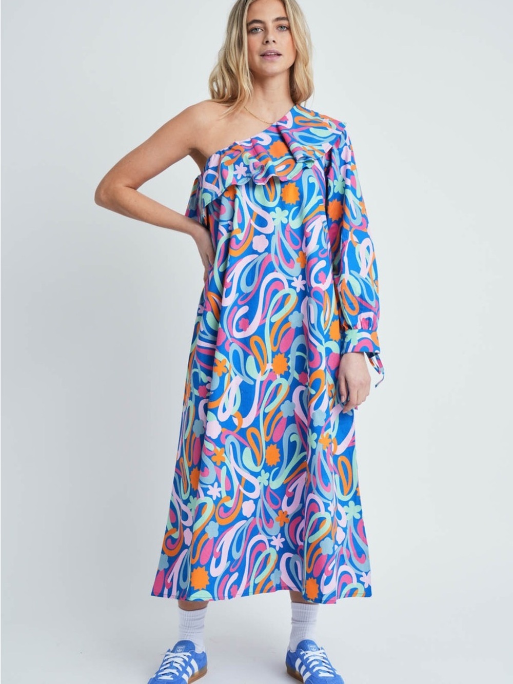 NATIVE YOUTH One-Shoulder Maxi Dress in Blue, Pink & Orange Abstract Print